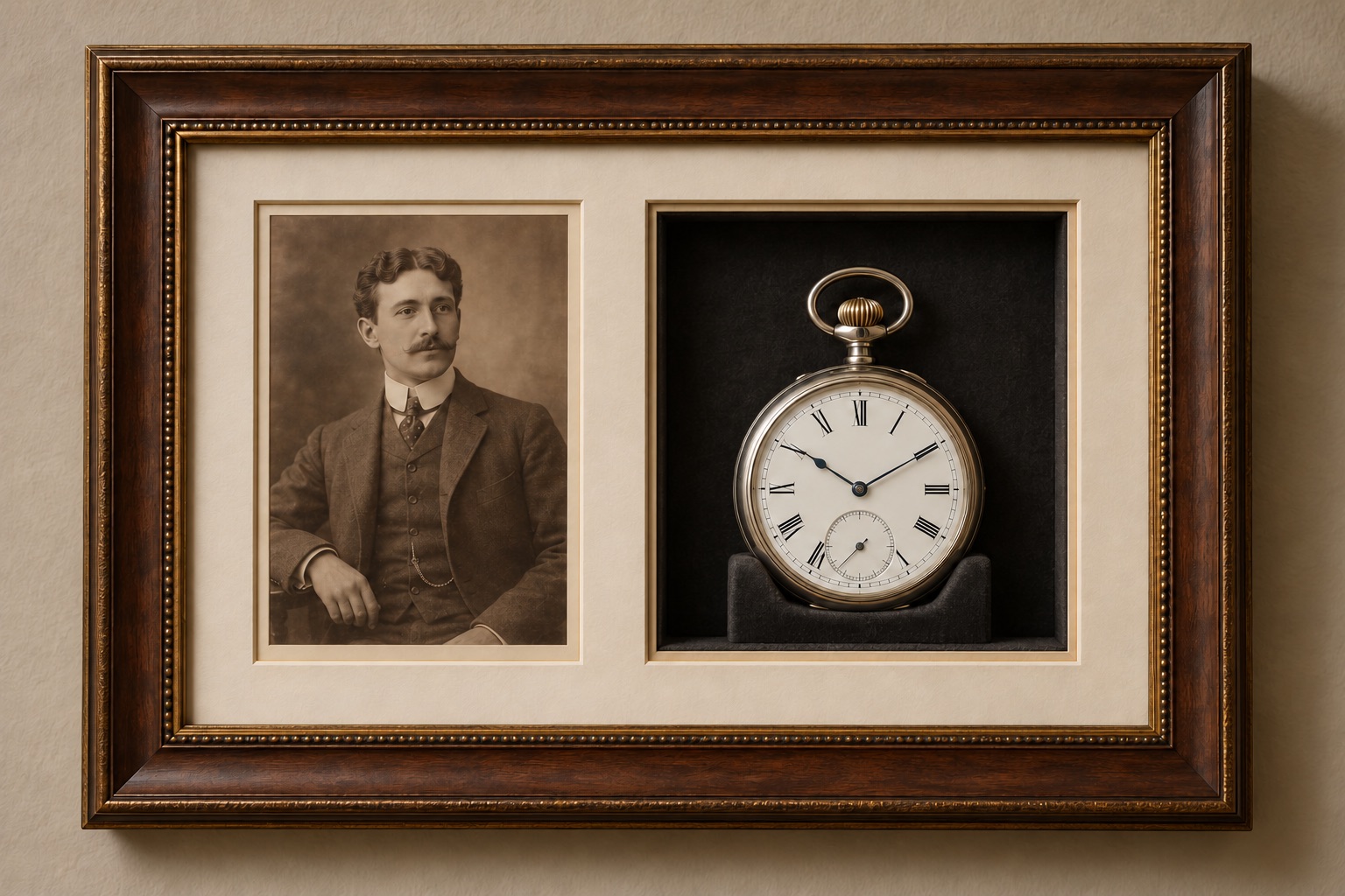 Illustrative shadowbox with a sepia portrait reproduction beside a silver pocket watch supported in a padded cradle.