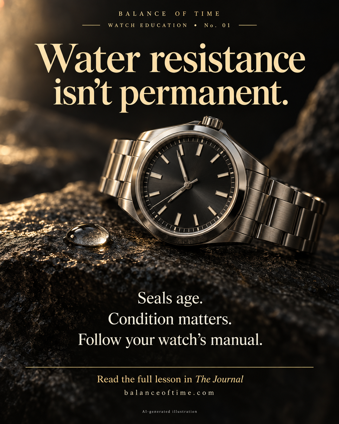 Educational illustration of a watch beside a water droplet. Seals age, condition matters, and owners should follow the watch’s manual.