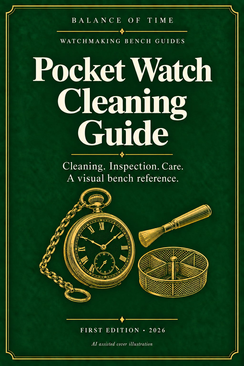 Green and gold illustrated cover of the Pocket Watch Cleaning Guide