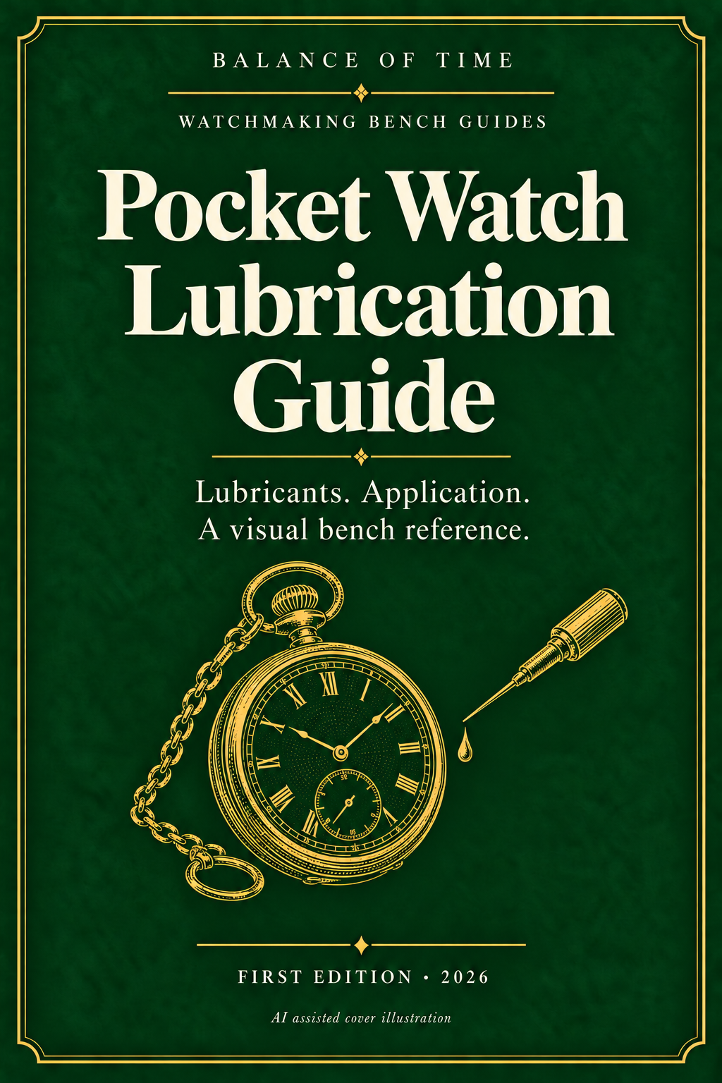Green and gold illustrated cover of the Pocket Watch Lubrication Guide