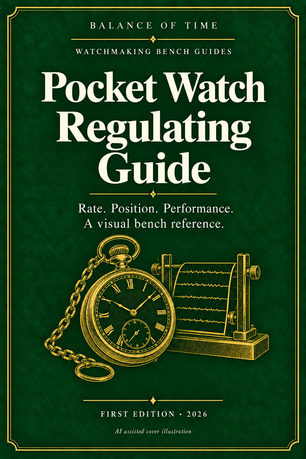 Green and gold illustrated cover of the Pocket Watch Regulating Guide
