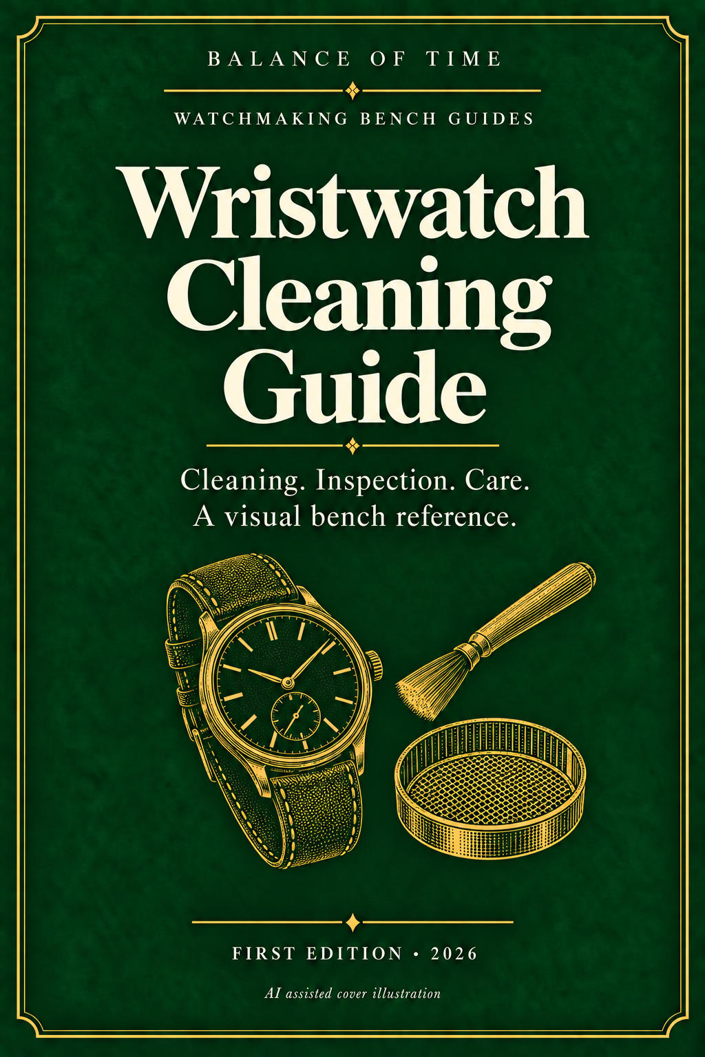 Green and gold illustrated cover of the Wristwatch Cleaning Guide