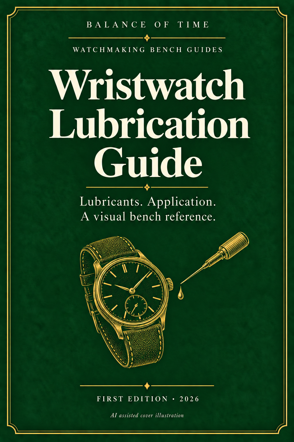 Green and gold illustrated cover of the Wristwatch Lubrication Guide