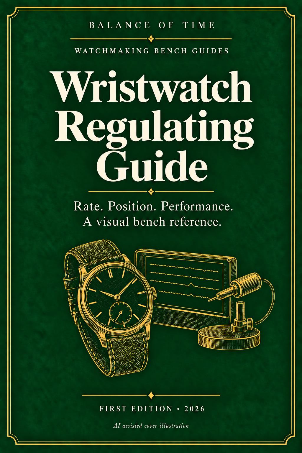 Green and gold illustrated cover of the Wristwatch Regulating Guide