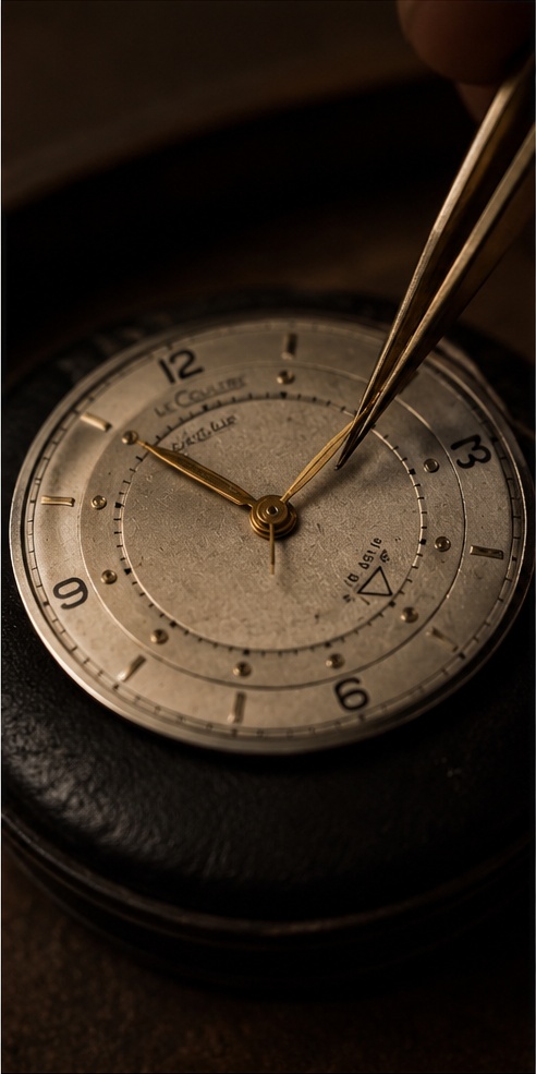 Vintage watch dial examined during preservation work
